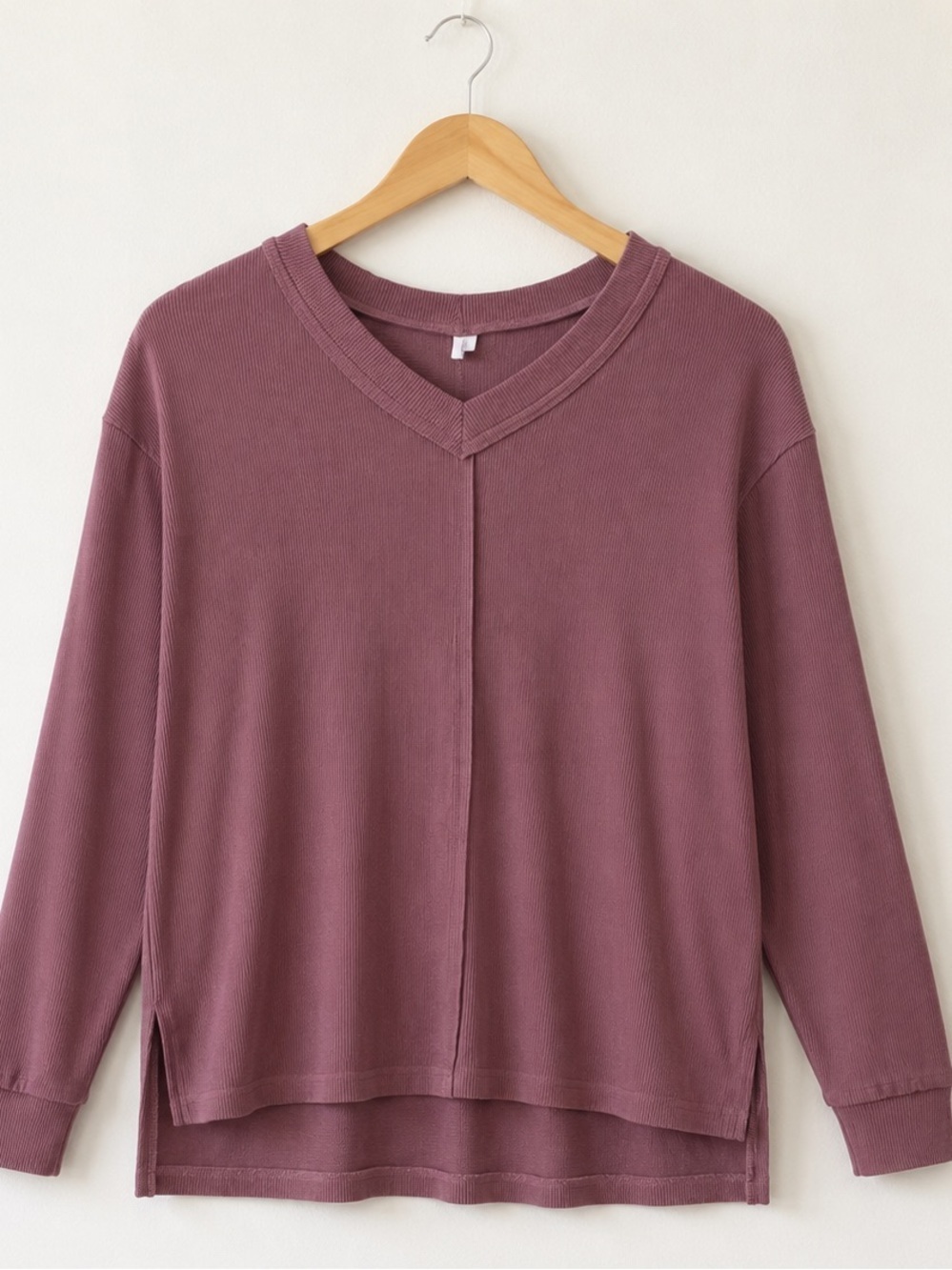 ANRABESS Womens Medium Ribbed Knit V Neck Long Sleeve Tunic Top Mauve Pink